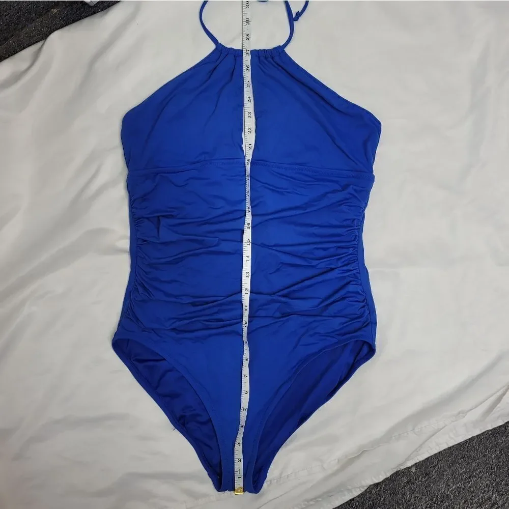 LOFT Beach blue cut out halter tie‎ top ruched side one piece swimsuit 16